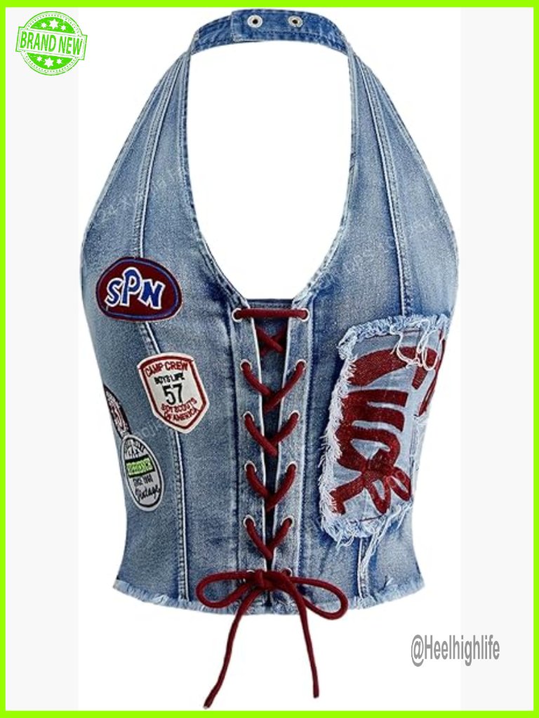 Y2k Graphic Crop Denim Halter Corset Top Lace Up Smocked Fitted Going Out Vest